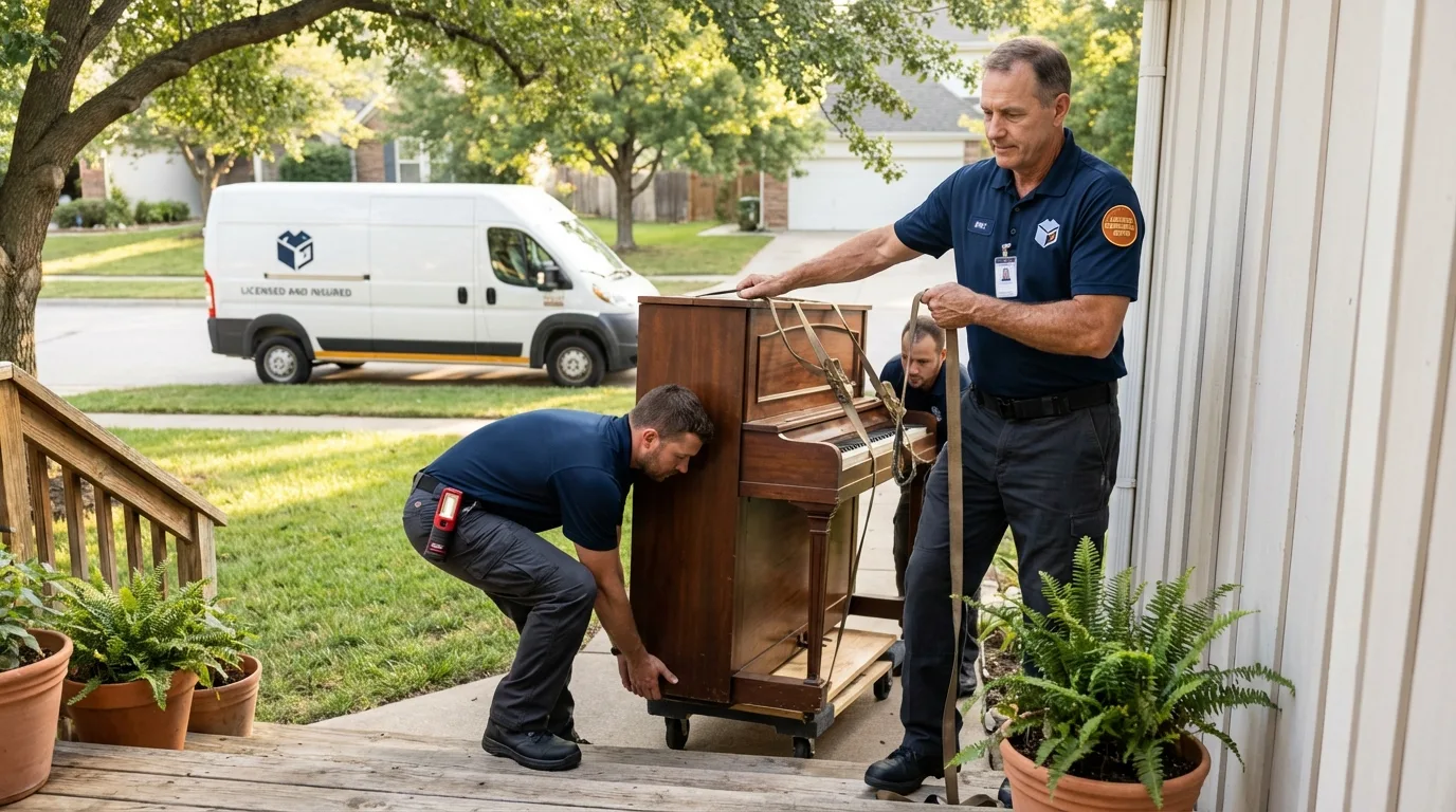 Licensed piano movers securing grand piano in Fontana, WI