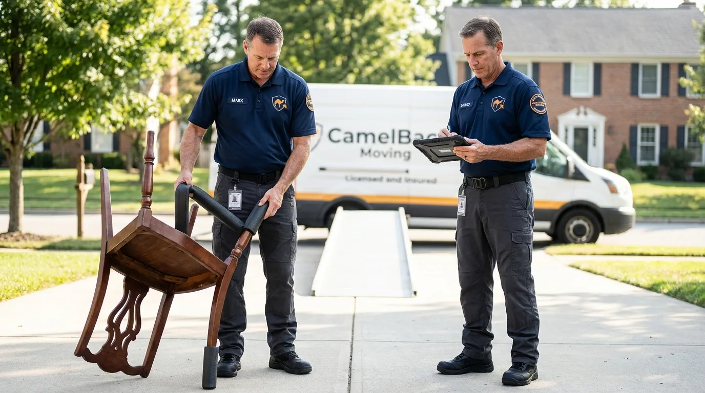 Movers inspecting furniture for damage prevention before loading in Fontana, WI