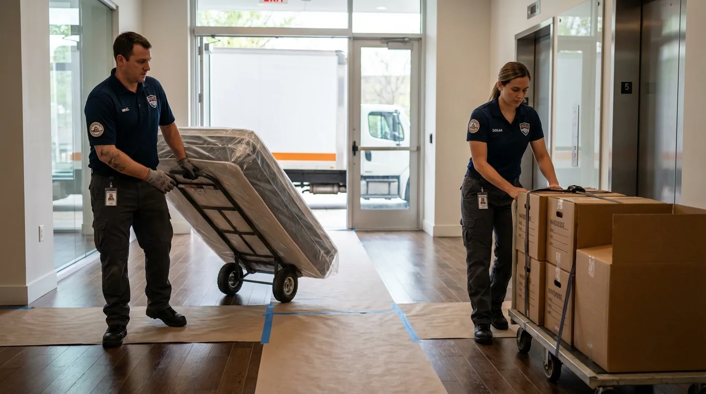 Professional apartment movers loading elevator in Fontana, WI