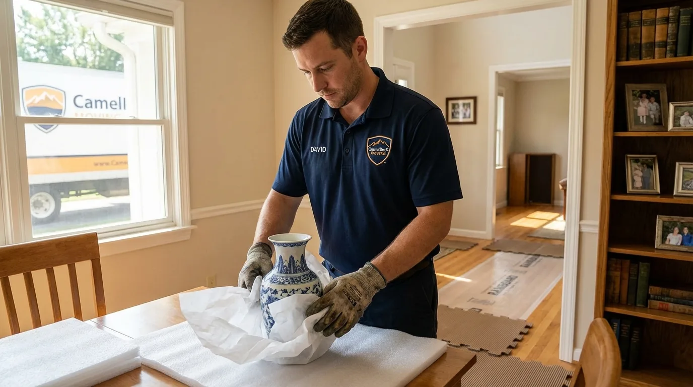 Professional crew carefully wrapping antique vase for senior downsizing move in Fontana, WI